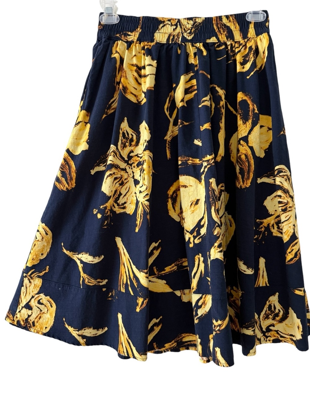 Cotton Navy Skirt Bold Yellow Floral Print Gathered Elastic Waist Size Small